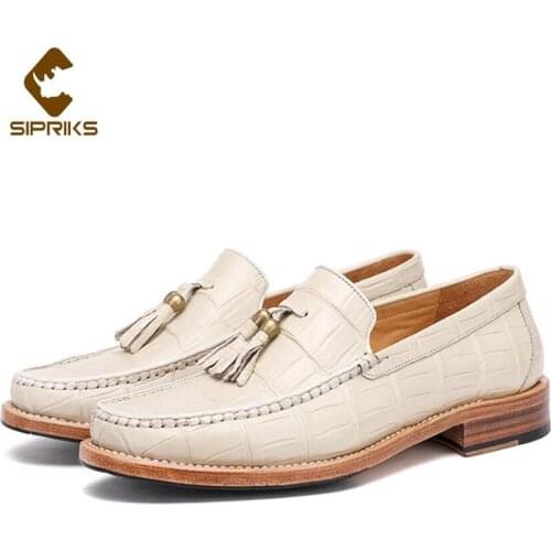 Sipriks Mens Business Casual Shoes Real Crocodile Skin Tassel Loafer Handmade Goodyear Welted Fringe Shoes Slip On Wedding Flats