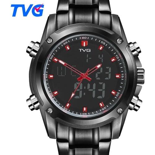 Men Sports Watches Quartz dual movement Analog Military Watch Waterproof LED Digital WriteWatch Stainless Steel strap TVG KM526