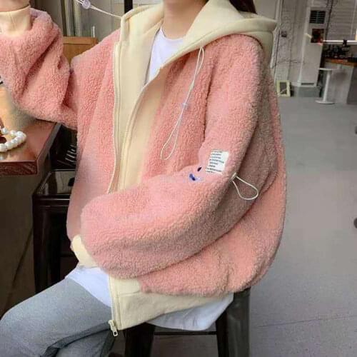 Lucyever Pink Zipper Lamb Wool Women Coat Fake Two-piece Warm Plush Loose Overcoat Female 2021 Winter Thicken Casual Hoodeds Top