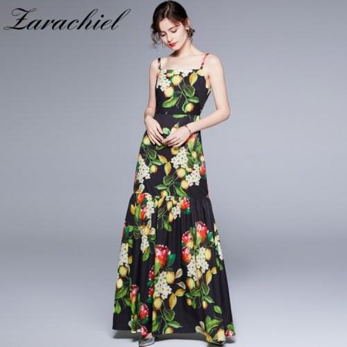 Sexy Flower Lemon Leaves Print Slim Spaghetti Maxi Dress Women Boho Beach Package Hip Backless Sundress 2021 Party Slip Dresses