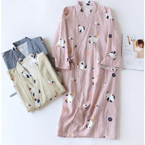 Pajamas Japanese Kimono Yukata Unisex Couple Matching Clothes Kawaii Cat Print Nightgown Robe Cotton Soft Sleepwear Cute Girls