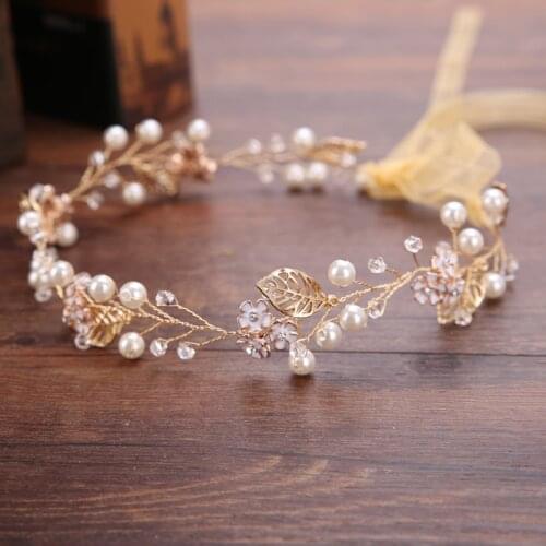 Trendy Flower Gold Color Bride Pearl Headband tiara Hair Jewelry Handmade Rhinestones Wedding Headpiece Hair Accessories