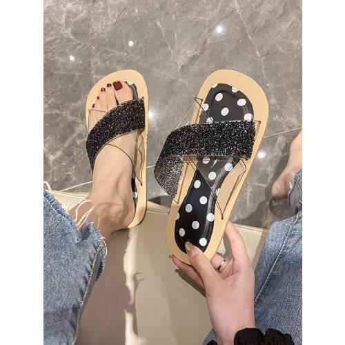 Simple and fashionable ladies slippers summer students flat-bottomed rhinestone wave point cross strap beach sandals comfortable