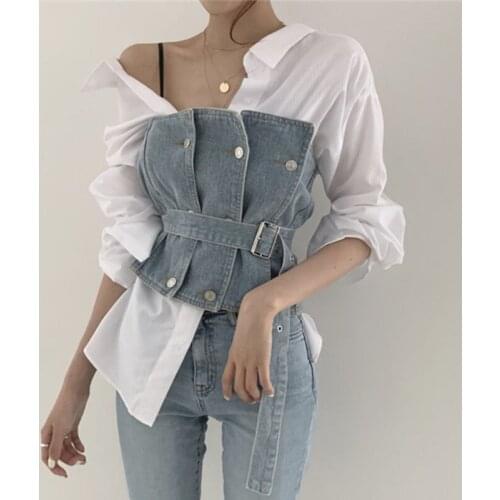 Sexy little man shirt striped belt steel upper jeans give women two suits women shirts