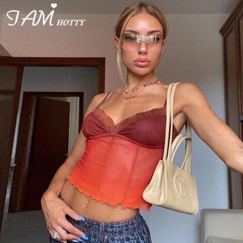 Mesh Lace Patchwork Y2K Crop Top Women Sleeveless Sexy See-Through V Neck Bodycon Club Party Soft Camis Streetwear 2020 Iamhotty