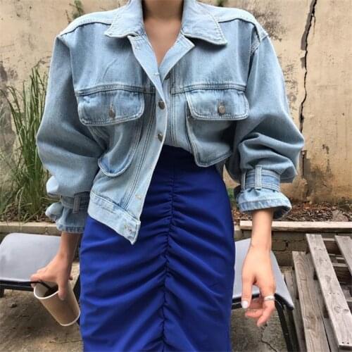 Cropped Denim Jacket Coat Harajuku Big Pocket Cowboy Boyfriend Jeans Jacket Women Outwear Long Sleeve Kurtka Jeansowa Damska