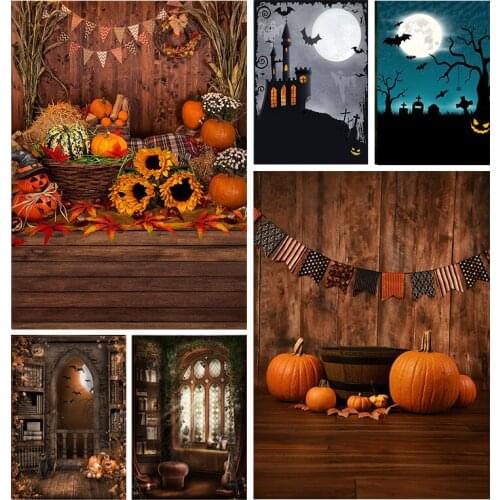 Vinyl Photography Background Pumpkin Lantern Castle Forest Moon Tombstone Halloween Backdrops For Photo Studio Photocall