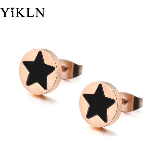 YiKLN Fashion Titanium Steel Black Star Earrings Jewelry Rose Gold Color Stud Earrings For Women Brincos Drop Shipping YE18010