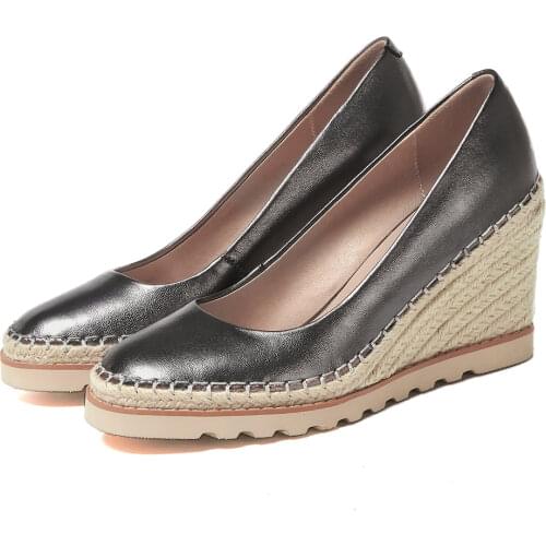 Fashion Womans Genuine Leather Pumps Spring Summer Platform Shoes Ladies High Heels Dress Shoes Wedges Pink Gray Black Off-white