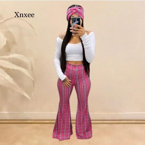 Women Long Flared Pants Plaid Stripe Printing Slim Fashion Joggers Trousers Bell Bottoms Fall Y2K High Waist Clothes Streetwear