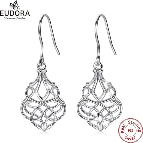 EUDORA Real 925 Sterling Silver Earring Celtic Knot drop Earring Fashion Lrregular Geometric Earrings Dangler for Girl Women E40