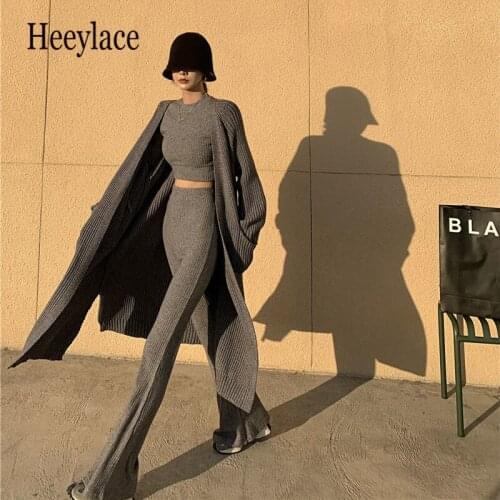 Women Autumn Winter Knitted Sets Female Long Sleeve Pullover Short top+Flare Long Pant +Knitting Sweater Cardigan 3Pieces Sets