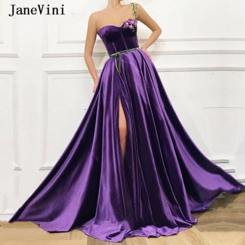 JaneVini 2020 Dubai Arabic Purple Velvet Long Evening Dresses One Shoulder Lace Flowers Side Split A Line Sexy Women Party Dress