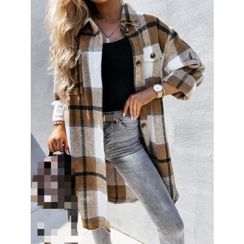 2021 Winter Autumn Plaid Long Womens Coat Long Sleeve Single Breasted Female Coats Casual Warm Fashion Ladies Windbreaker