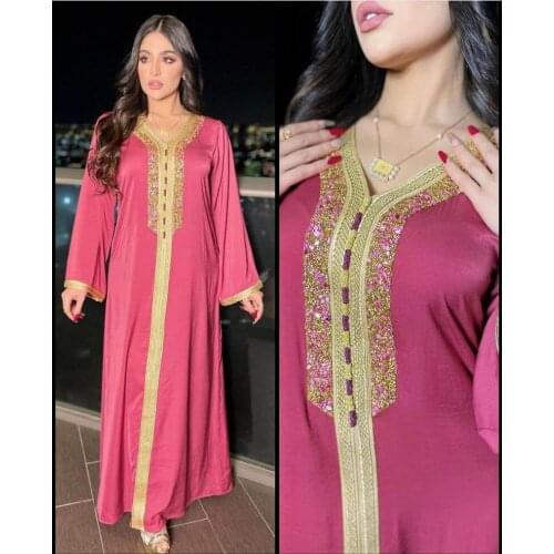 Ramadan Eid Pink Maxi Dress For Women Modest Muslim Turkey Arabic Dubai Diamond Ribbon V Neck Long Sleeve Jalabiya 2021