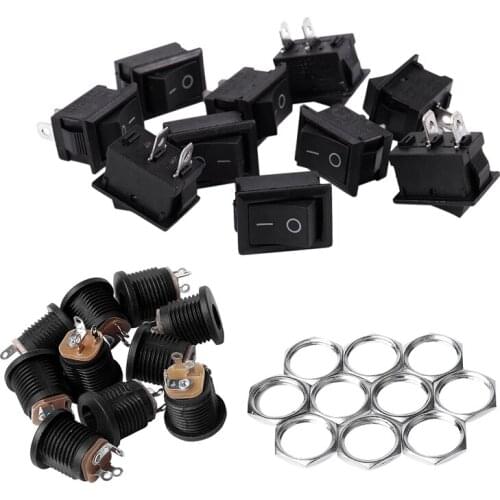 10 Pcs Ac 6A/250V 10A/125V 2 Solder Lug Rocker Switch & 10 Pcs Panel Mount 2.1X5.5Mm Power Jack Dc Socket