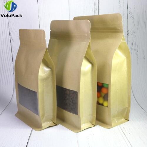 New Multi Sizes 100pcs Side Gussets Package Pouch Reclosable Flat Bottom Stand Up Kraft Packaging Zip Lock Bags With Window