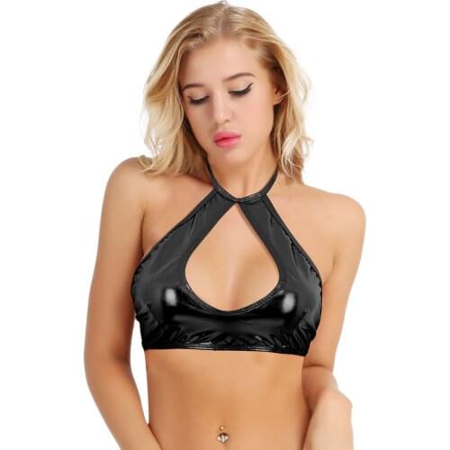 Alvivi Summer Shiny PU Leather Crop Top Sexy Halter Cut Out Bustier Top Pole Dance Women Fashion Tank Top Wire-free Bra Crop Top