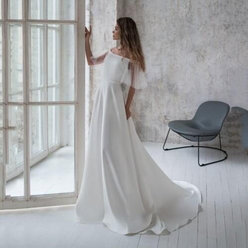 A-Line Scoop Neckline Short Sleeves Satin Bridal Dress Open Back Brides Dress with Beading Belt