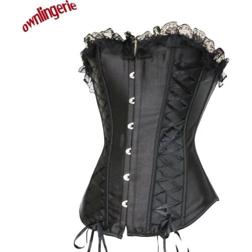 Free shipping lace trim on top fashion bandage corset,women stain lace up back and front shaper corsets,4 colors size s-2xl