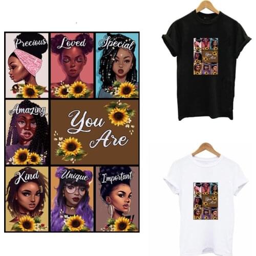 Glitter Thermal Iron On Patches For Clothing Beautiful African Girl Heat Transfer Sticker On Clothes DIY Women T-Shirt Applique
