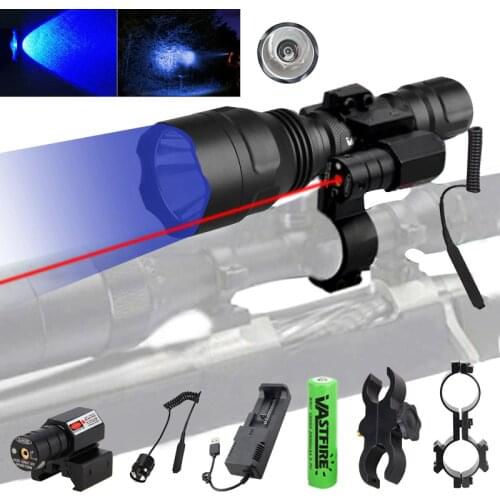 C8 395NM UV Led Tactical Hunting Flashlight Rifle Armas Gun Light+Laser Dot Sight+Switch+2*20mm Rail Barrel Mount+18650+Charger