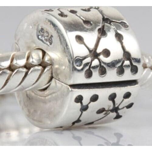 Babysbreath Flower Antique Tone Authentic Sterling Silver Lock Clip European Charm Stopper Beads Fit Pan dora Bracelet SCSB027