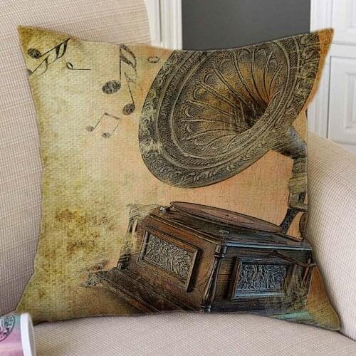 18" Retro Vintage Phonograph Record Player Camera Disc Home Decor Sofa Throw Pillow Cushion Cotton Linen Square Car Pillow 45x45