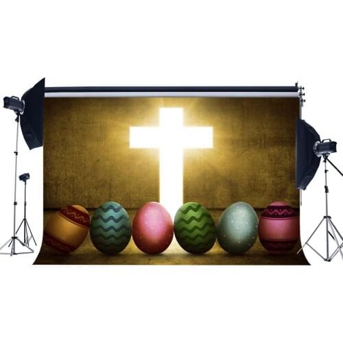 Happy Easter Backdrop Holy Lights Cross Backdrops Painted Eggs Resurrection of Jesus Photography Background