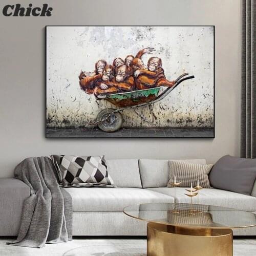 Graffiti Banksy Canvas Poster Orangutans Wheelbarrow Street Art Monkey Canvas Painting Art Wall Classic Style Canvas Prints