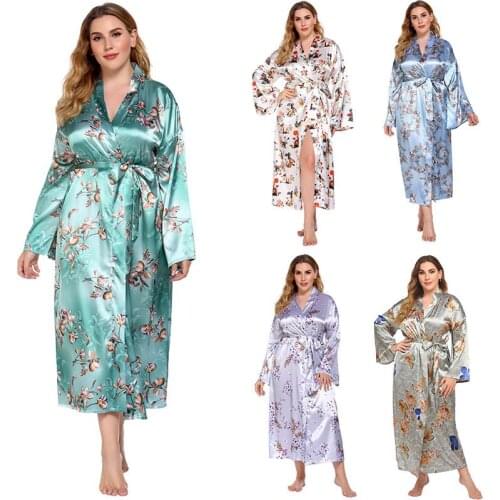 Spring Autumn Plus Size Bathrobe XL-4XL Womens Print Long Faux Silk Robe Gown Summer Lounge Home Dress Sexy V-Neck Sleepwear