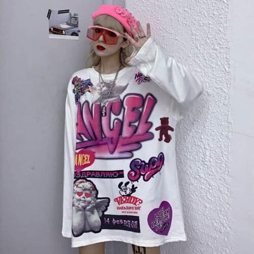 Harajuku ins long sleeve t-shirts o-neck print cartoon loose spring new Womens Clothing tops casual style ladies Tees Pink