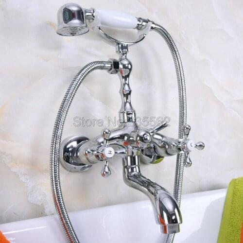 Chrome Wall Mounted Clawfoot Bathtub Faucet Set with Handheld Shower Mixer Taps llna199