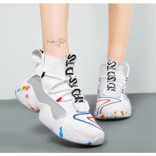 Oversize High Base Lightweight Womens Sports Shoes Women Sport Sneakers Sock Woman Running Shoes Men White Knitted Tennis A-480