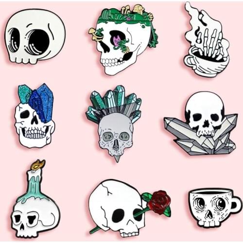 Skull Metal Enamel Brooch Skeleton Tea Cup Flower Pot Candle Crystal Badge Pin Simple Fashion Clothing Backpack Jewelry Gift