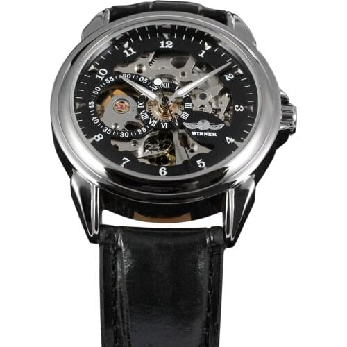 Fashion Winner Top Brand Men Women Military Hand Wind Mechanical Skeleton Watch Male Leather Golden Black Dial Back Cover Glass