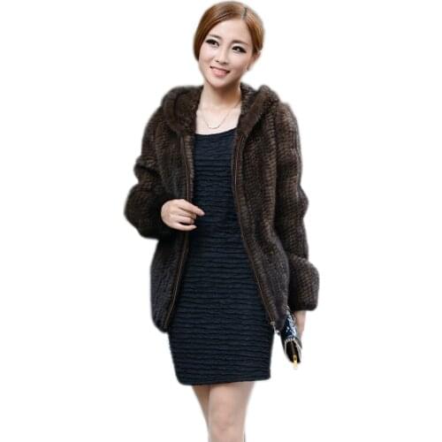 Clothes hooded mink knitted mink fur coat fight mink outerwear fur plus size clothing
