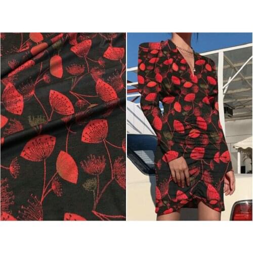 Mink Fur Stretch Knitted Fabric Autumn New Style Gas Black Bottomed Red Flower High-End Dress Fabric
