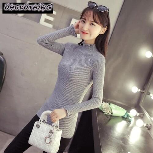 2018 new Korean winter knitting dress slim in the long section of lotus leaf half turtleneck striped sweater