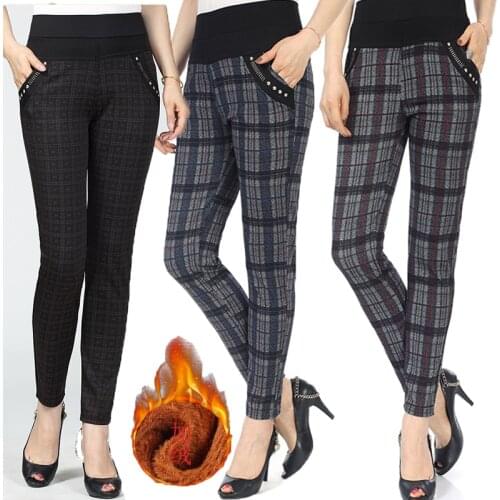 2021 Autumn Winter Women Grid Pants Warm Sweat Velvet Slim High Waist Stretch Mother Pencil Pants calca feminina