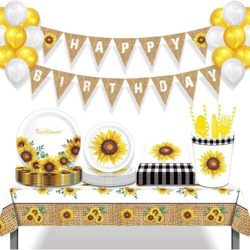 Kids Baby Sunflowers Theme Baby Shower Party Disposable Tableware Sets Plates Cups Napkins Balloons Globos Birthday Party Decors