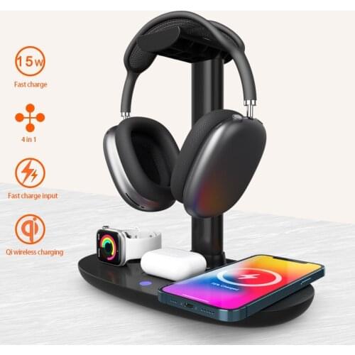 15W Headphone Stand Headset Holder 4 In 1 Fast Wireless Charging Station Dock For Apple Watch AirPods Pro/2 IPhone 12/11 Samsung