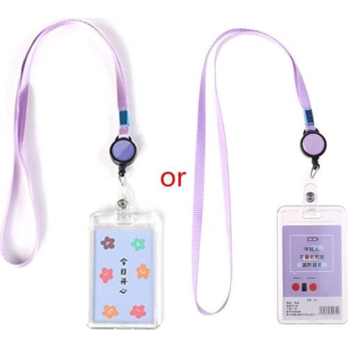 N7MF Transparent Acrylic Name Card Holder Retractable Cute Cartoon Bank ID Card Cover Protective Case with Hanging Lanyard