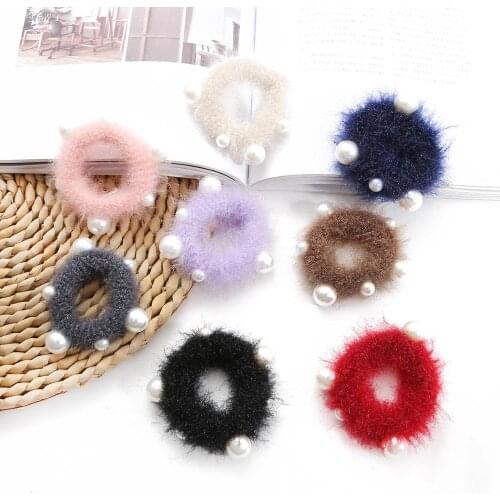 1pc Plush Pearl Scrunchie Women Girls Elastic Hair Rubber Bands Accessories Gum Tie Hair Rope Ring Holder Headwear