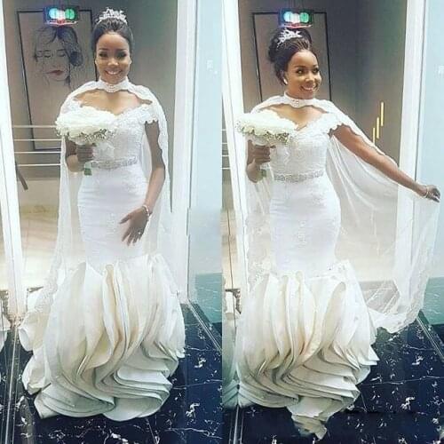 Mermaid Wedding Dresses Wraps Cape Style High Neck Lace Appliques Beads Bridal Gowns Ruched Button Wedding Vestidos