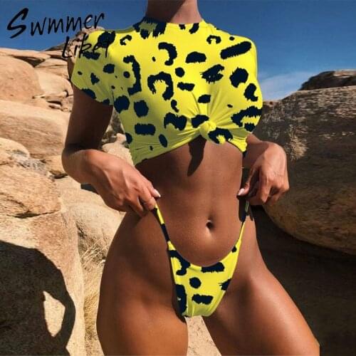 Knot crop top bikini 2020 Leopard swimwear women bathers Yellow push up swimsuit female T-shirt thong bikini sexy bathing suit