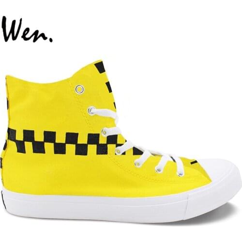 Wen Original Design Hand Painted Canvas Sneakers Black And Yellow Plaids Taxi Color Pattern Unisex High Top Skateboard Shoes