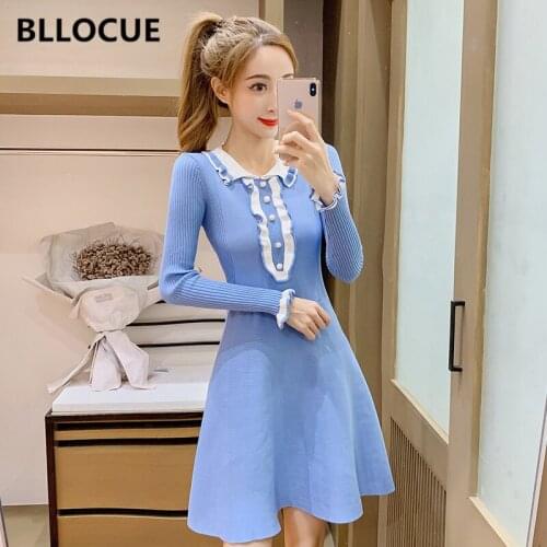 BLLOCUE Vintage Autumn Winter Knitted Dress 2019 Fashion Hit Color Turn-Down Collar Long Sleeve Button Wooden Ear Knit Dress