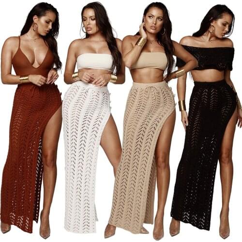 Womens Sexy Summer Beach Cover Up Long Skirt Side Split High Waist Knitted Hollow Out Maxi Skirts Drawstring Crochet Beachwear