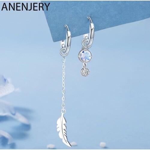 ANENJERY 925 Sterling Silver Asymmetric Feather Blue Zircon Drop Earring For Women Gift Handmade Jewelry Wholesale